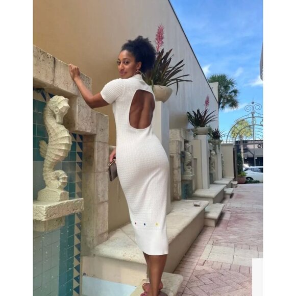 Staud Cecily Open-Back Cable-Knit Maxi Dress White Rainbow Eyelet Detail Medium - Picture 7 of 16